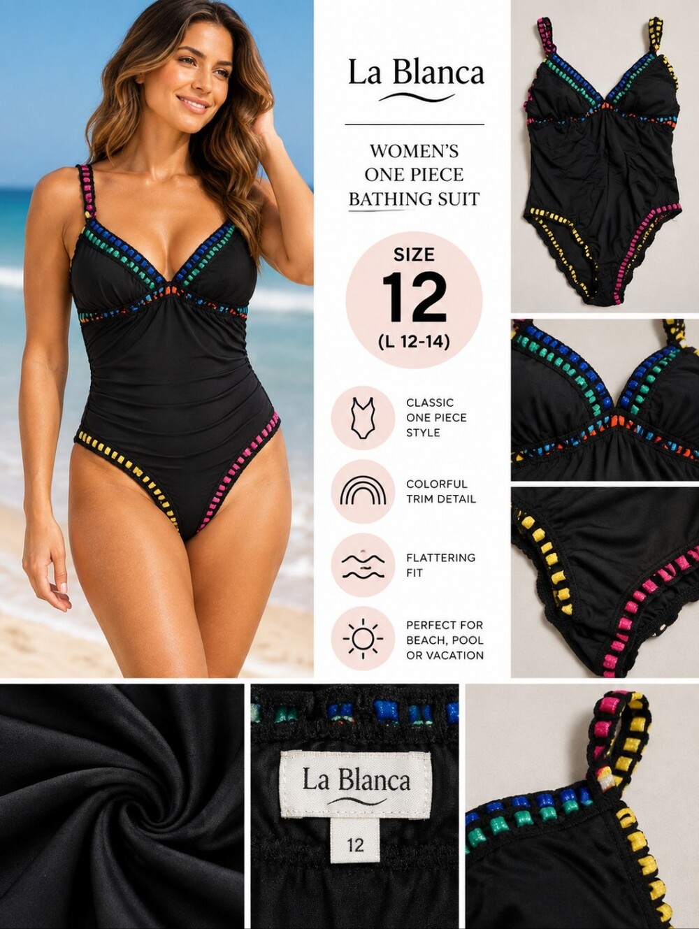 La blanca women's size 12 black colorful 1 peice bathing suit #37